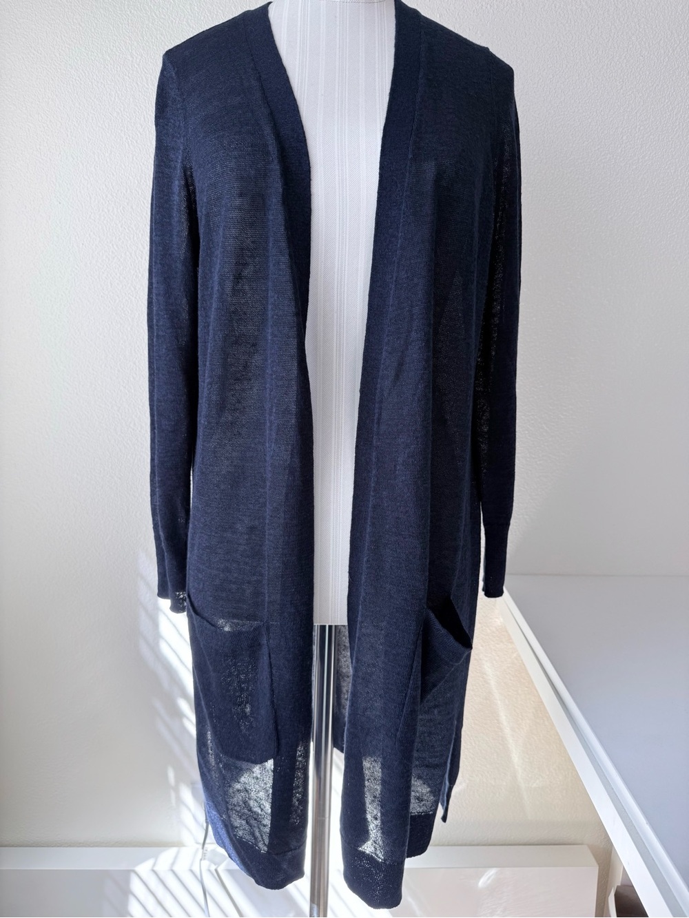 HALOGEN Navy Blue Linen Blend Longline Open Front Duster Cardigan Small Petite S